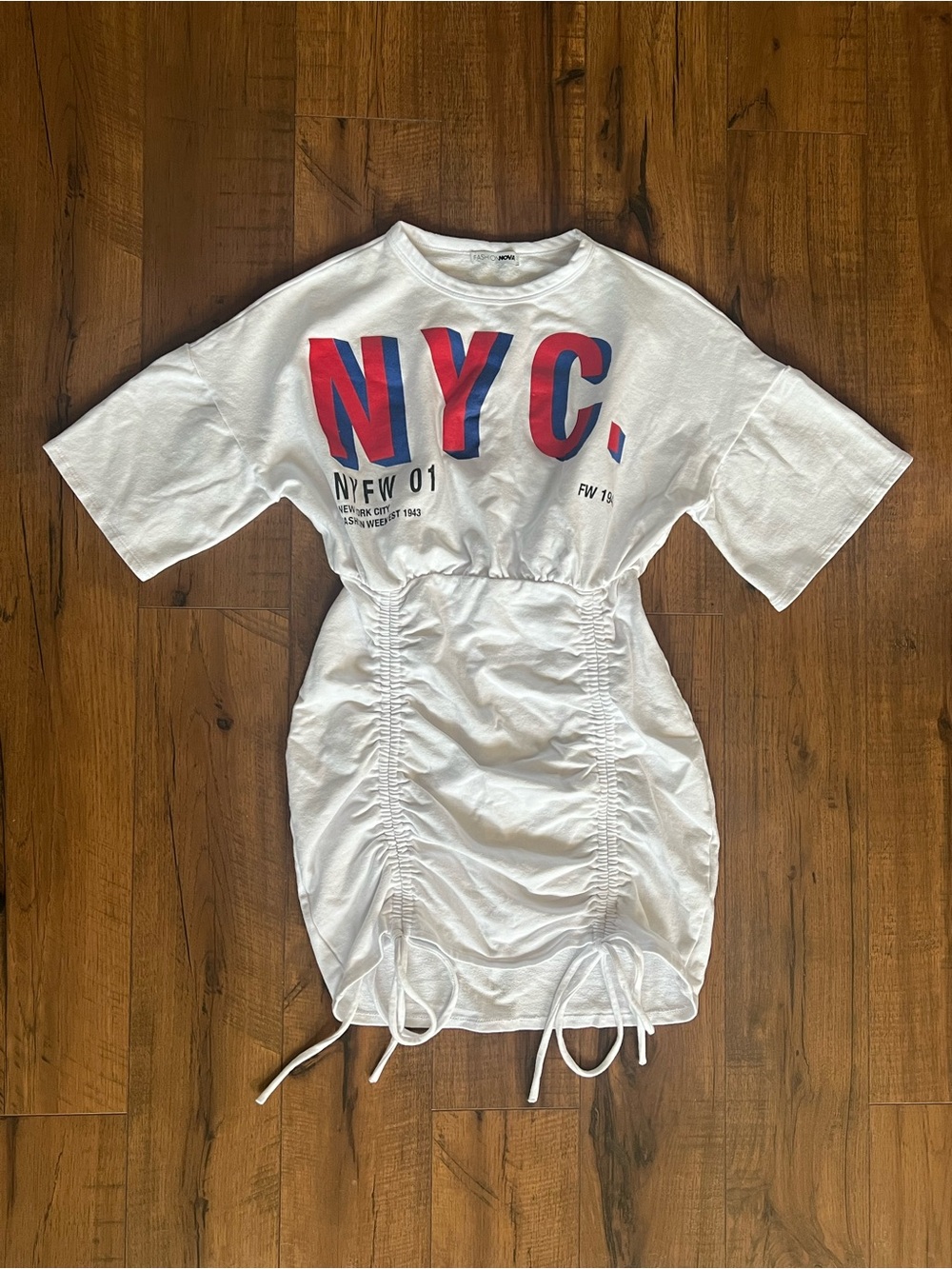 Fashion Nova White NYC Graphic Drawstring Mini Tee Dress - Size Small